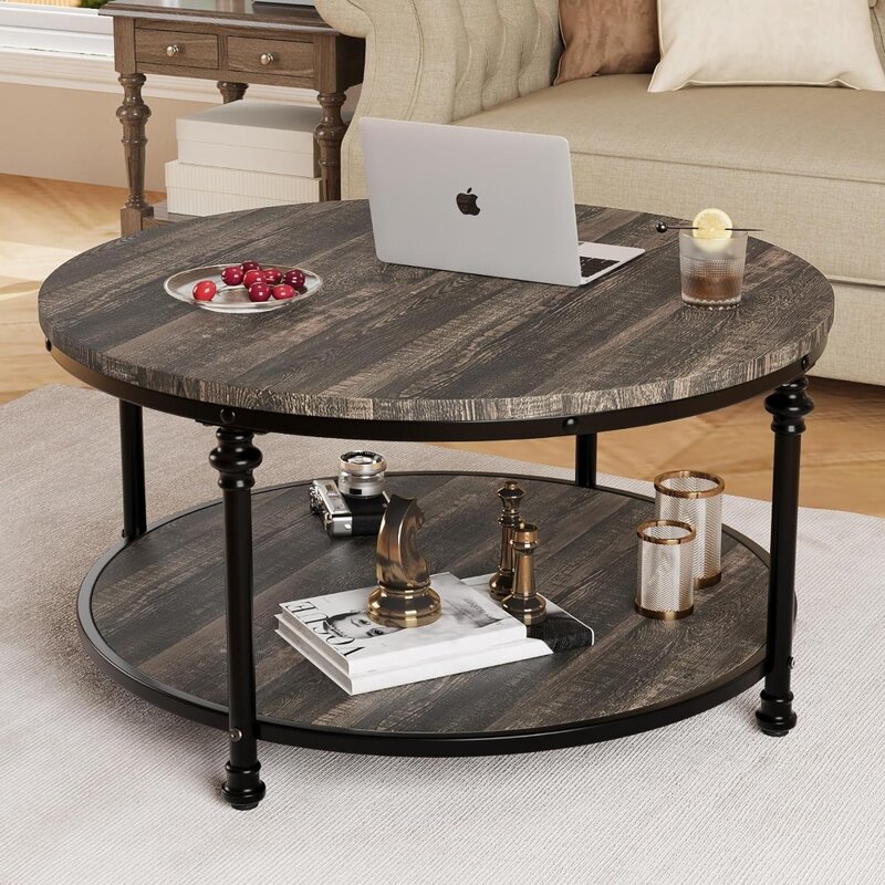 Table basse ronde pour salon, table centrale rustique avec étagère de rangement, table basse circulaire en bois avec pieds en métal robustes
