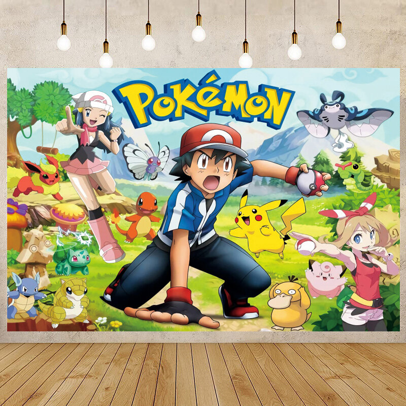 Fondo de fiesta de Pokémon para niños, telón de fondo de foto personalizado, decoración de fiesta de cumpleaños de Pikachu de dibujos animados, accesorios de estudio de vinilo