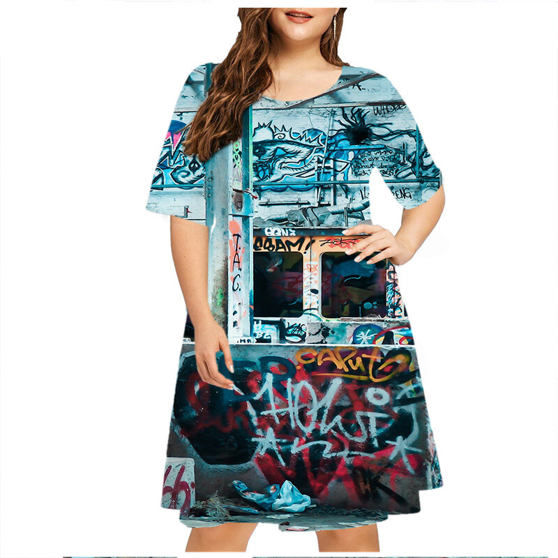 Robe d'été grande taille 6XL pour femmes, mode nickel é Graffiti impression 3D Hip Hop, robe décontractée à manches courtes adt, grande robe éducative