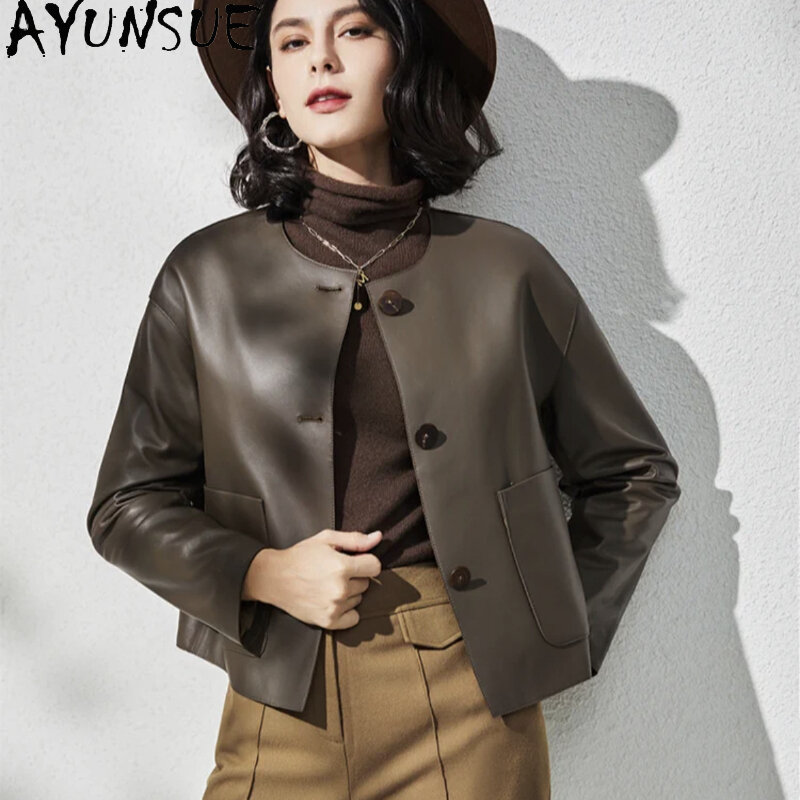 Ayunsue-本革のジャケット,女性用,エレガント,短い革のジャケット,シープスキンジャケット,ラウンドネック,ファッショナブル