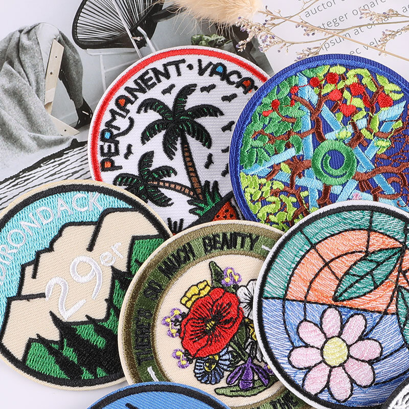 Emblemas circulares termoadesivos para DIY, remendo bordado, emblema, patches de ferro, saco de pano, chapéu, acessórios de tecido, venda quente