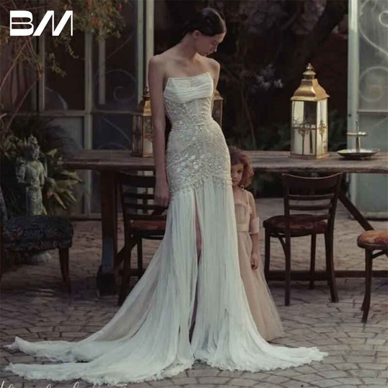 تول الدانتيل غمد فستان الزفاف ، فساتين العروس حمالة ، شق مثير ، مخصص