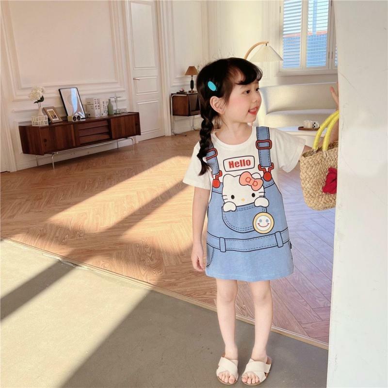 Vestido infantil de desenho animado Anime Hellokitty, camiseta Kuromi Melody Sanrios, estampa Kawaii fofa, manga curta solta, saia doce