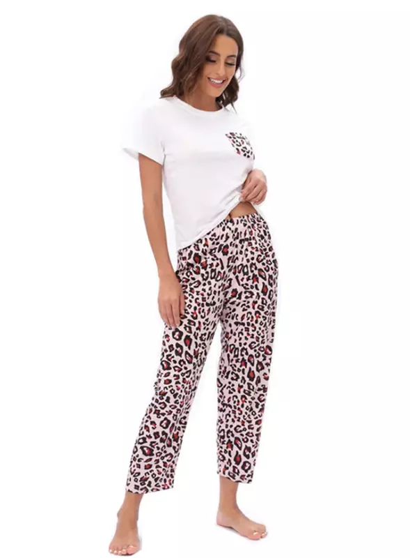 Conjunto de pijama com estampa leopardo feminino, roupa de dormir, calça de manga curta, bolso, primavera, verão, 2 peças
