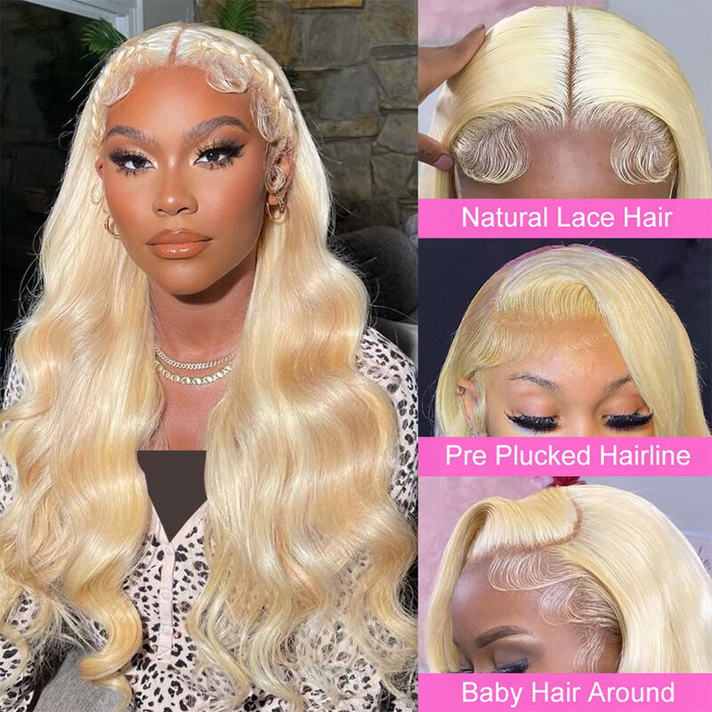 Perruque Lace Front Wig Body Wave naturelle, cheveux humains, blond 613, 13x6, HD, sans colle