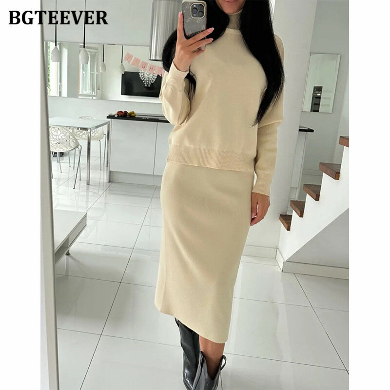 BGTEEVER Casual Loose Female Knitted Skirts Outfits Turtleneck Pullovers Ladies Hip Package Skirts Autumn Winter Sweater Set Wom