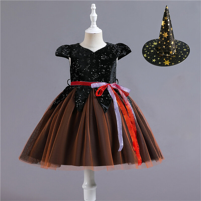 Vestido de manga de casquillo informal para niñas pequeñas, vestido de línea a de hilo de malla de Color de contraste de Cosplay de Halloween con sombrero de bruja, 2-12años