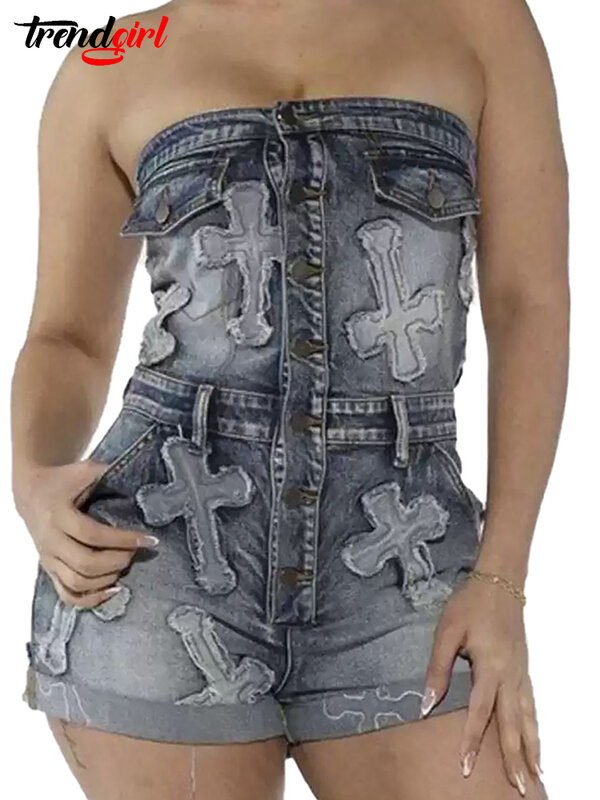 Trendgirl-Playsuits femininos bordados de jeans esticados, macacões curtos sexy fora do ombro jean, macacão feminino streetwear