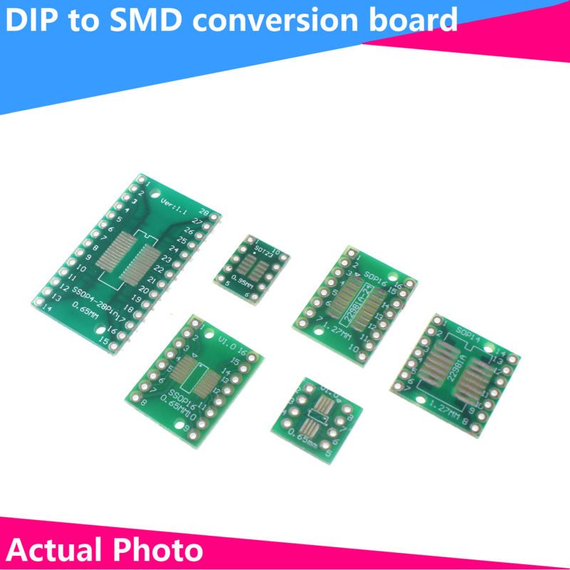 PCB Board Kit com SMD Ligue para DIP adaptador, conversor de placa, SOP, MSOP, TSSOP, SOT23, 8, 10, 14, 16, 20, 28, SMT para DIP, 5 pcs, PCes 10