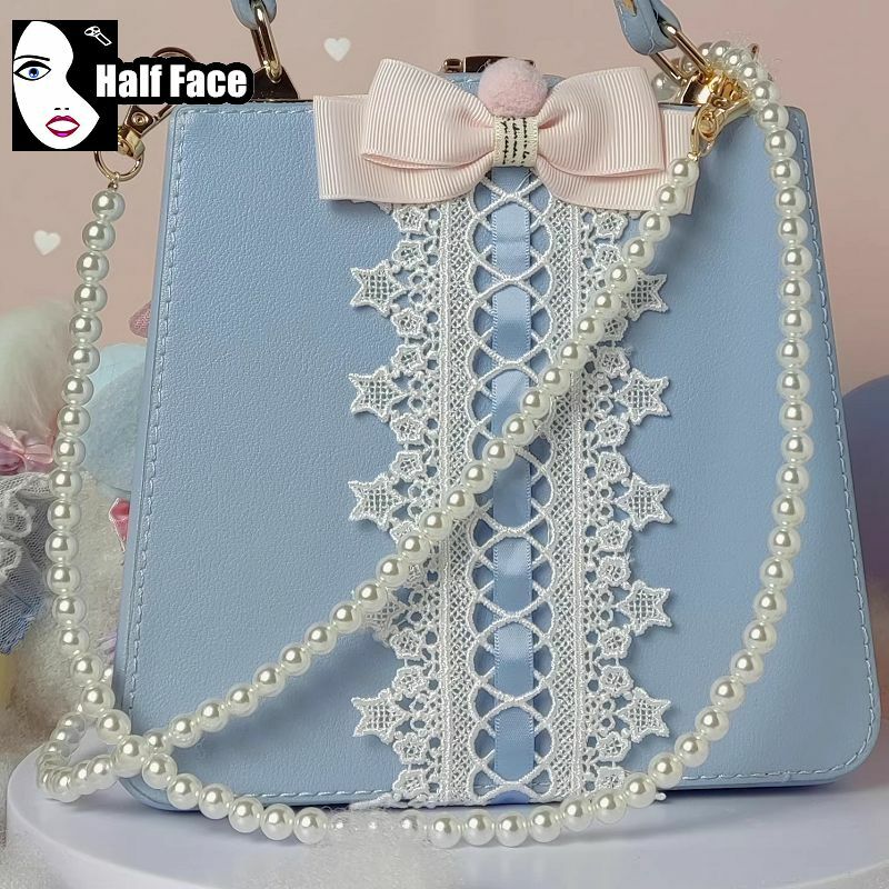 Bolso cruzado de un hombro para mujer, bolsa de mano con diseño de cadena de perlas Lolita, color azul caramelo, Harajuku, gótico, Steam Punk, Y2K