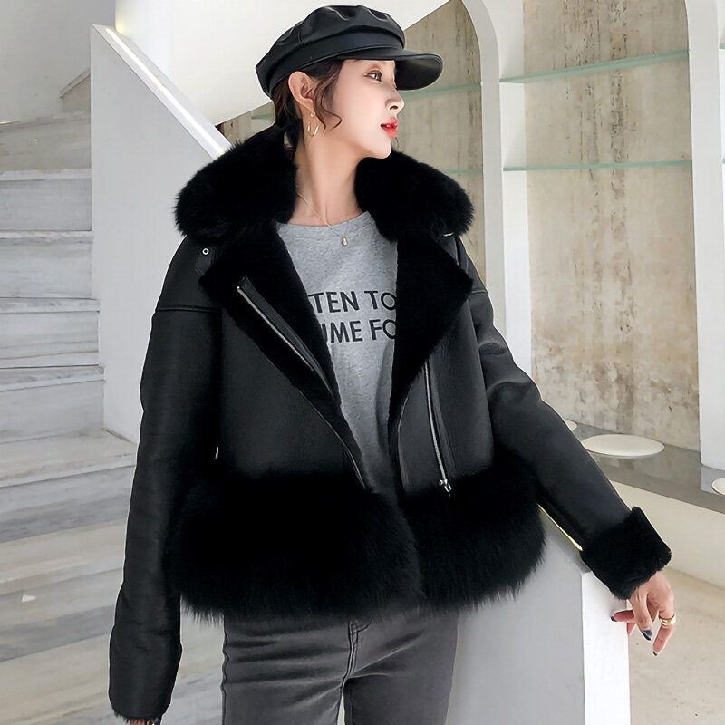 毛状のシープスキン-2020年の女性用レザージャケット,暖かい本物のキツネの毛皮の襟,生地の裏地,短いコート7421b