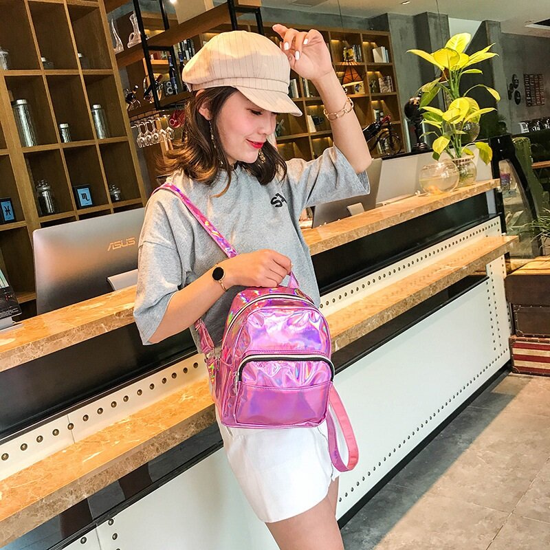 2023 New Silver Pink Fashion Laser Backpack Luxury PU Leather Women Girls Bag Holographic Small Size Female Children Schoolbags