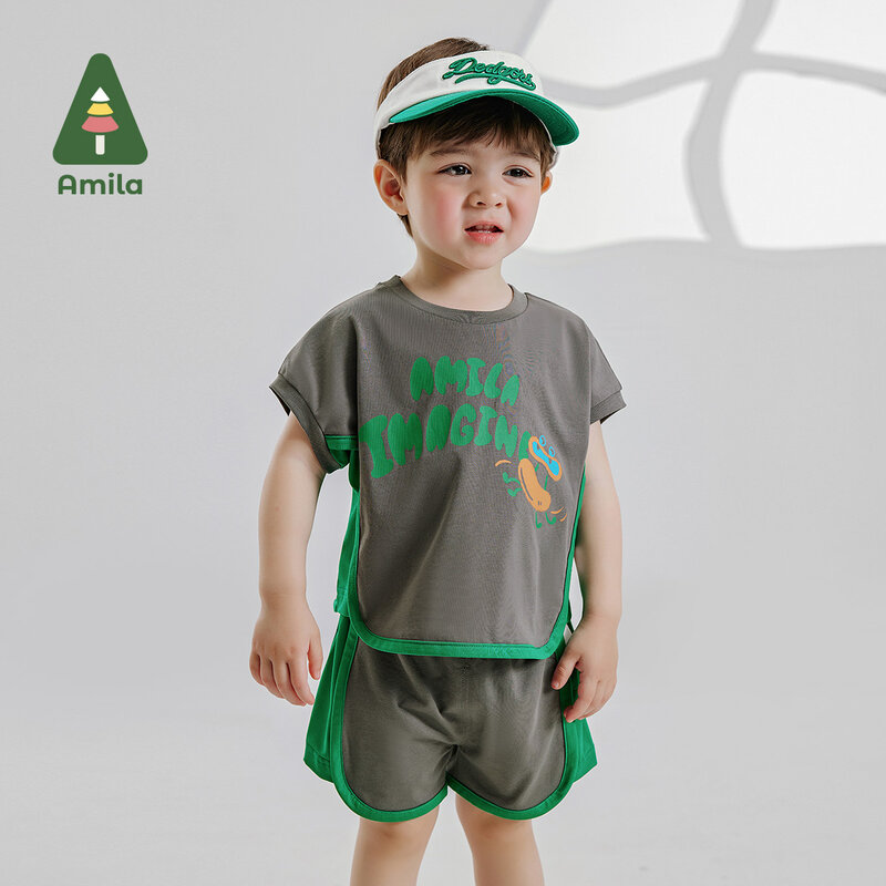 Amila 2024 Summer New Boys Set t-shirt stampata abbinata ai colori + pantaloncini Set sportivo traspirante e confortevole 0-6Y