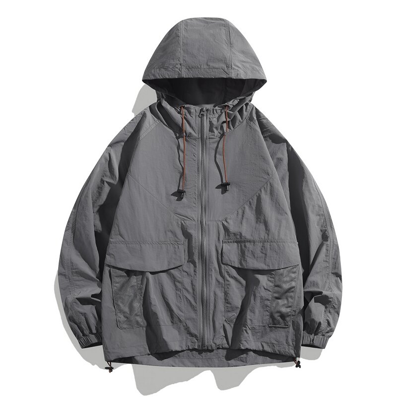 Ropa de protección solar UPF50 + para hombre y mujer, chaqueta impermeable Harajuku con bolsillo grande, delgada, cortavientos de piel con capucha para acampar, novedad de verano