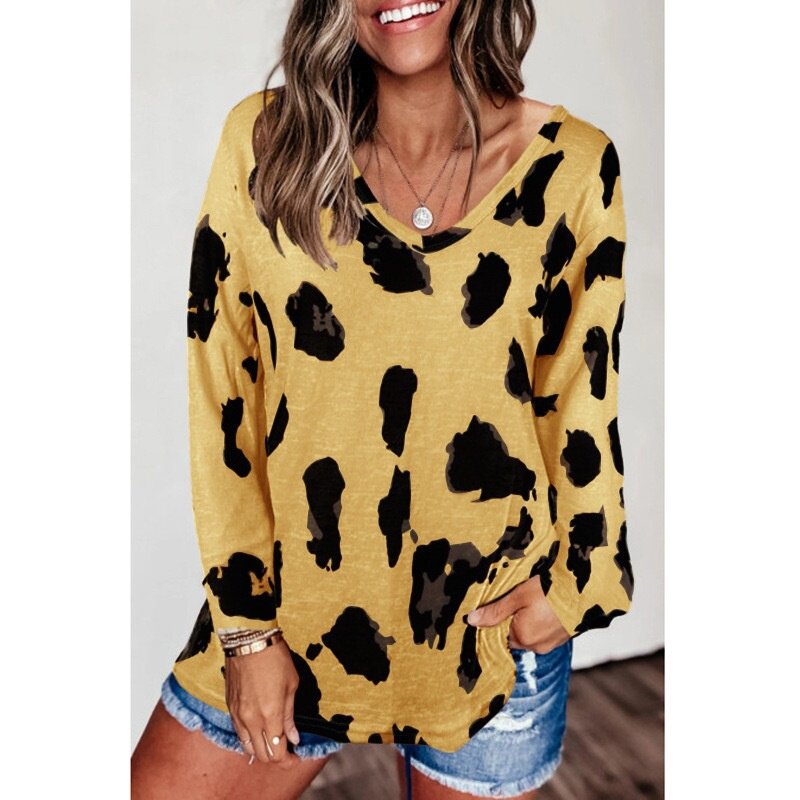 Camiseta de manga larga para mujer, Jersey holgado con estampado de leopardo, blusa informal, moda de otoño e invierno, novedad de 2023