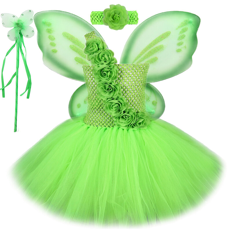 สีเขียว Fairy Princess Dresses สำหรับสาว Carnival เครื่องแต่งกายวันเกิดสำหรับเด็กดอกไม้ Elf Tutu ชุดชุดปีกแฟนซี Tutus