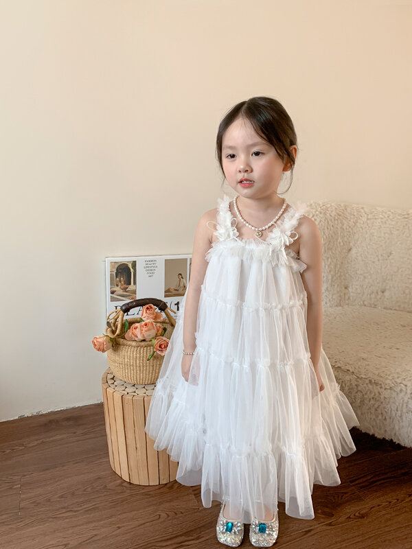 Детская одежда, платье для девочек, Новинка лета 2024, Корейская версия, детское платье принцессы на бретелях, белое детское платье