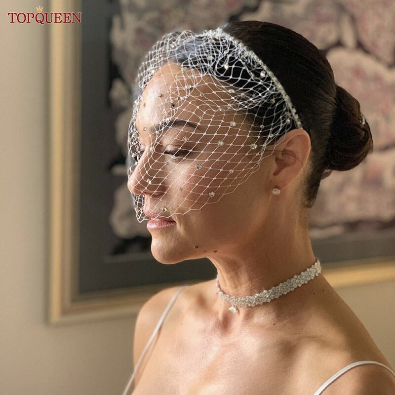 Topqueen-女性用の取り外し可能なラインストーン付きチュールケージベール,フェイスビードーム,結婚式,真珠付きのシンプルで取り外し可能
