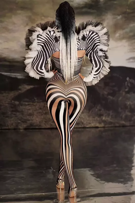 Женский сценический костюм певицы, комбидресс для танцев, костюм для выступлений, Модный комбинезон с полосками и узором зебры