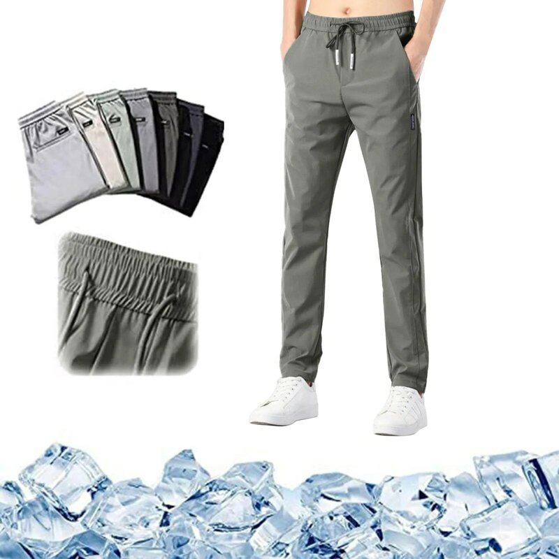 Celana panjang kasual pinggang lurus pria, celana panjang sutra es warna Solid, celana olahraga tipis cepat kering dengan saku untuk pria