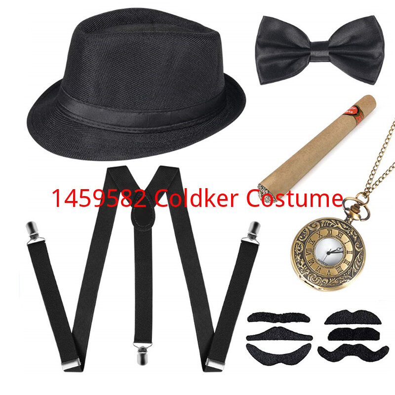 1920s Mens Great Gatsby Accessories Set 6PCS Black White Gray Blue Roaring 20s 30s Retro Gangster Costume Tie Hat