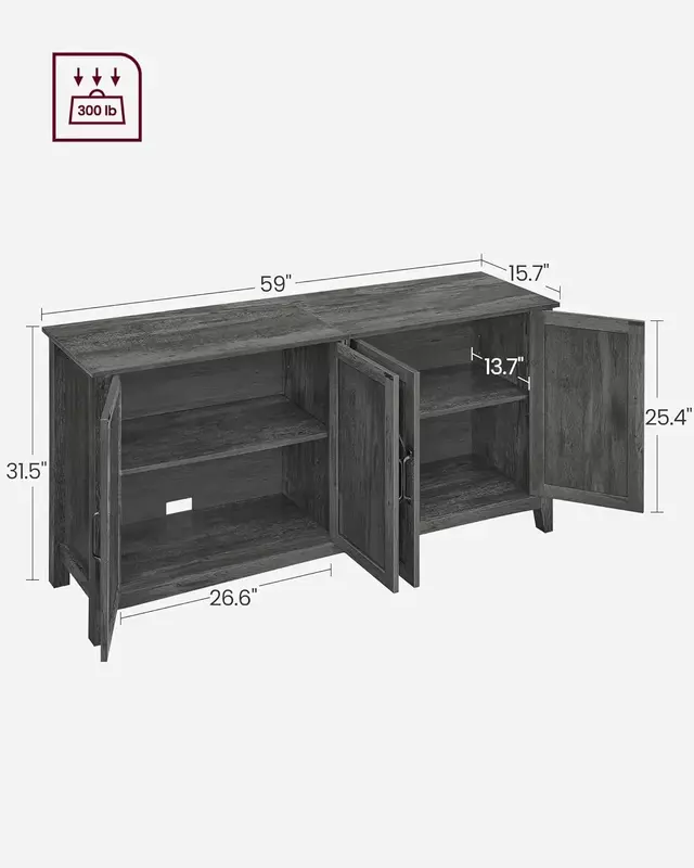 Stół kredensowy Credenza, szafka kuchenna z regulowanymi półkami do salonu, jadalni, przedpokoju, węgiel szary ULSC381T04