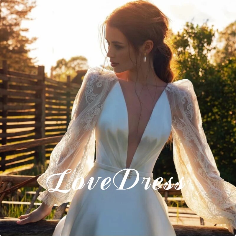 LoveDress Boho Lace Long Puff Sleeves Wedding Dresses 2024 Deep V Neck Open Back Vestidos De Novia Satin A-Line Bridal Gowns