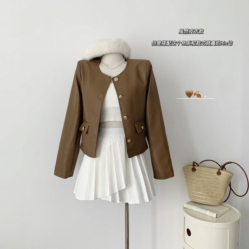 معطف من الجلد عالي الجودة للسيدات ، ملابس الشارع الأمريكية ، بني ، تصميم جديد ، أنيق بسيط ، على الطراز الكوري ، Y2K ، 2023