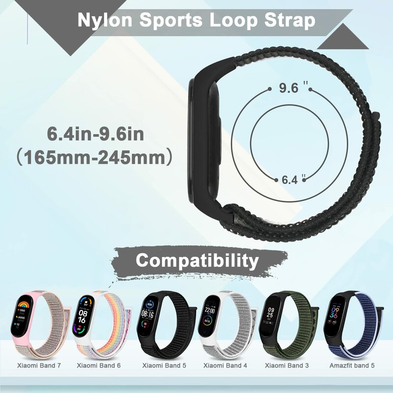 Pulseira de pulso ajustável suave, Nylon Loop, cinta de substituição, pulseira para Xiaomi Mi Band 3, 4, 5, 6, 7