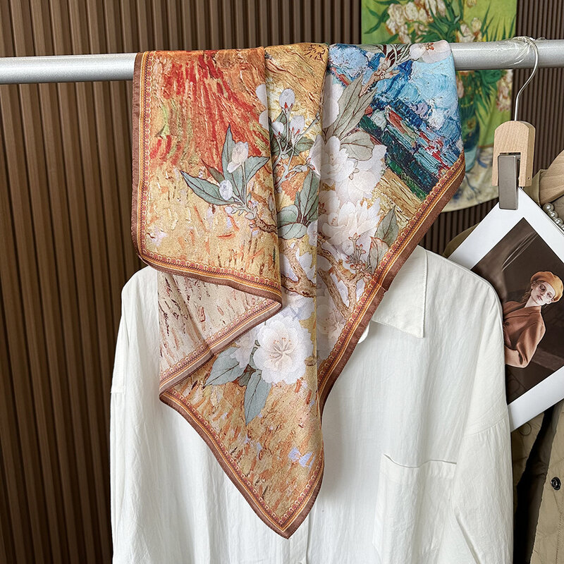 OMEA 100% czysty jedwab kwadratowy szalik 65cm chusteczka luksusowy obraz olejny szal z motywem pola ryżowego duży kwadratowy szalik na głowę moda
