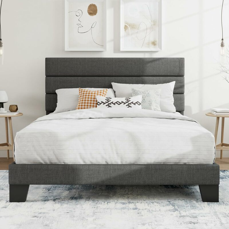 Cadre de lit à plateforme Queen, tête de lit en tissu rembourré, base de matelas, support de planche de bois robuste, aucun ressort requis, gris