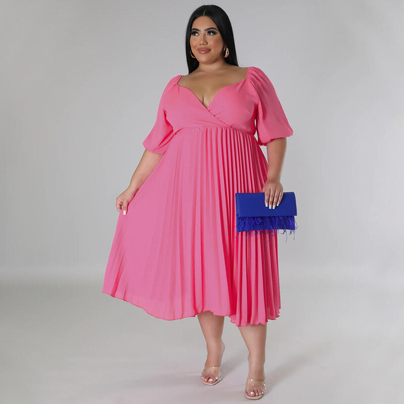 Plus Size Kleider elegante einfarbige Plissee Kurzarm Kleid Sommer Mode Büro Lady Club Party Vestidos Kleidung 2023