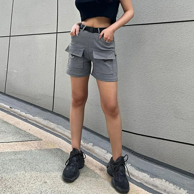 1Pc Women Cargo Shorts with Belt High Waist High Street Style Shorts Multi Pockets Butt-lifted Casual Daily Wear Short Pants