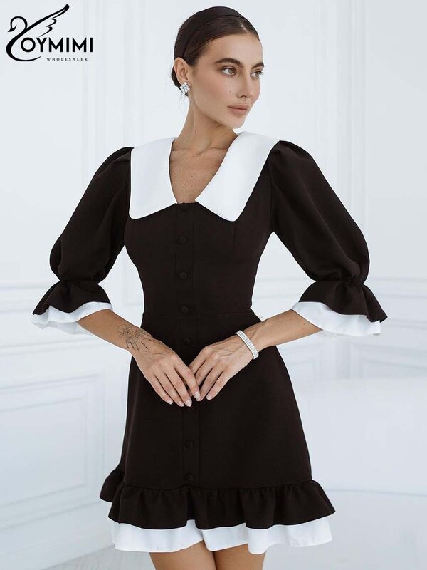 Oymimi Casual New Black Patchwork abiti da donna elegante colletto rovesciato mezza manica abito estivo a vita alta Mini abito femminile
