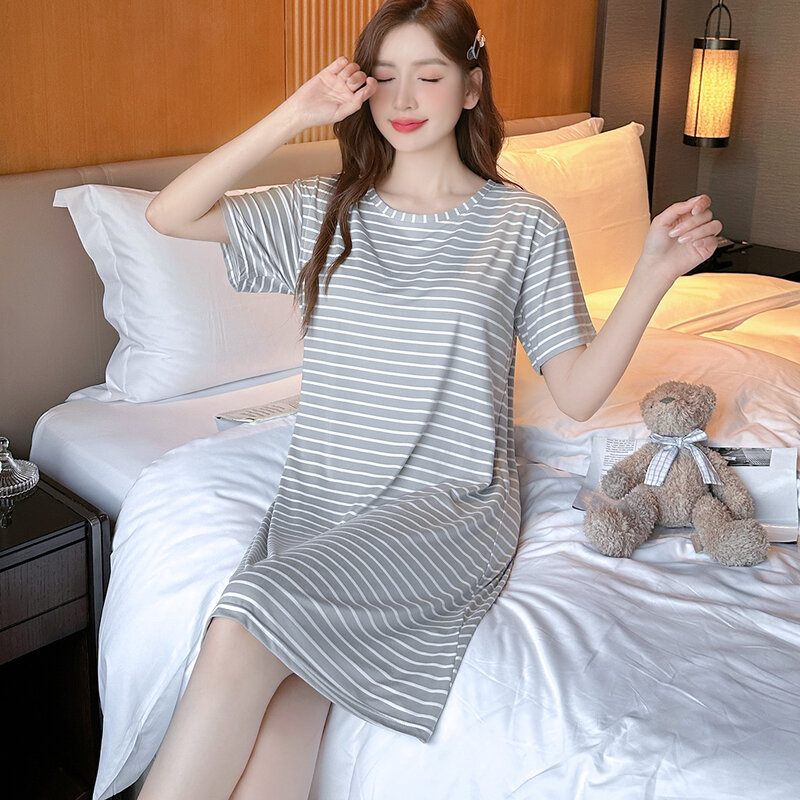 Summer Modal Nightgown Striped Sleepwear Women's Short Sleeved Home Dress Plus Size 3XL 4XL Nightdress Loose Casual Nightwear