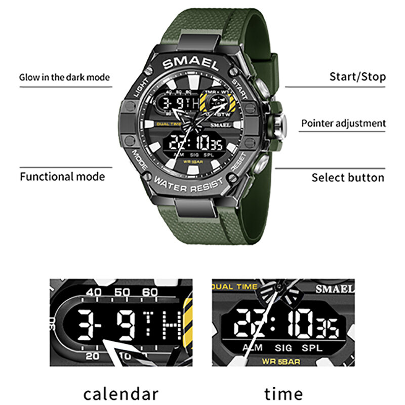 Smael-Montre de sport numérique étanche pour homme, chronomètre LED, réveil, montres militaires, montre-bracelet, marque supérieure, mode 8066