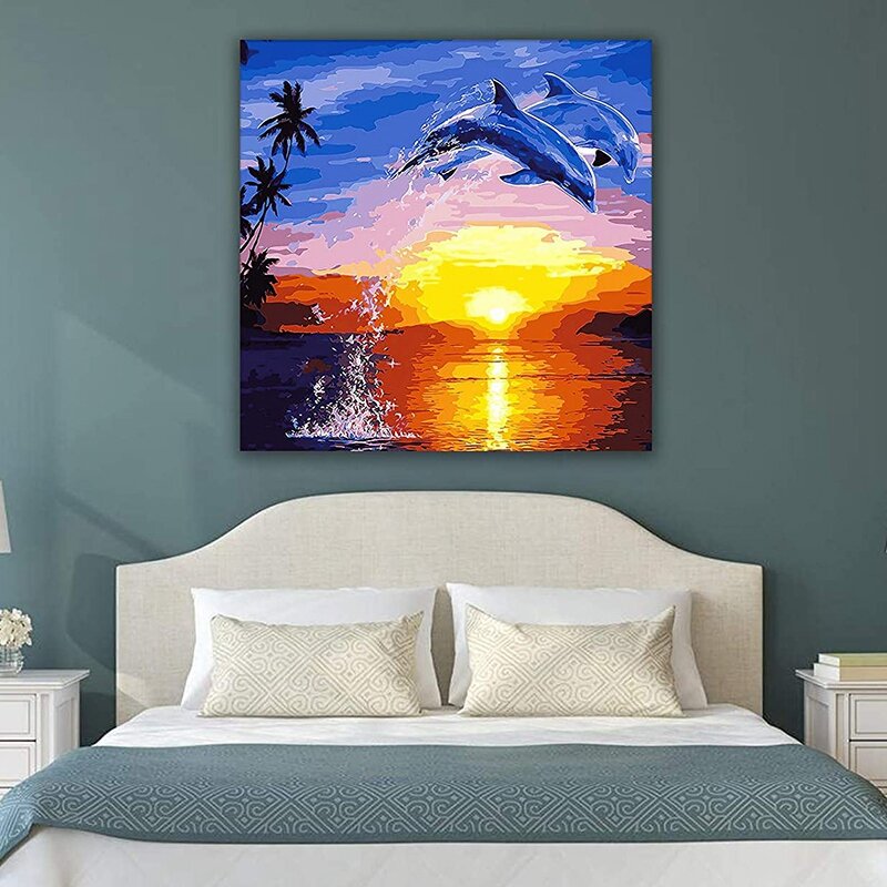 Adult Paint By Number Kits On Canvas 16X20 Inch DIY Acrylic Painting Kit For Kids & Adults Beginner- Sunset Dolphin