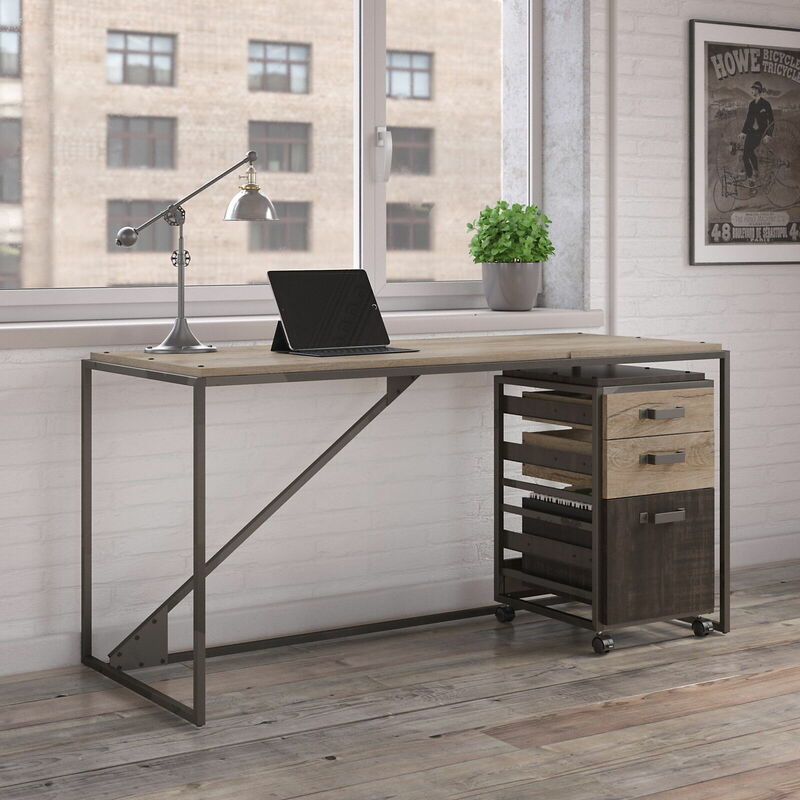 62" Industrial Writing Desk with Mobile File Cabinet