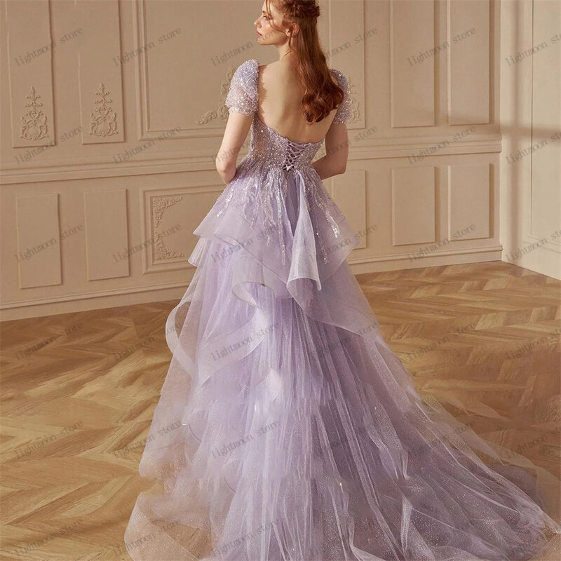 Squisiti abiti da sera a-line Tulle Prom Dress Glitter Ball Gowns Lace Appliques perline Princess Robes Vestidos De Gala 2024