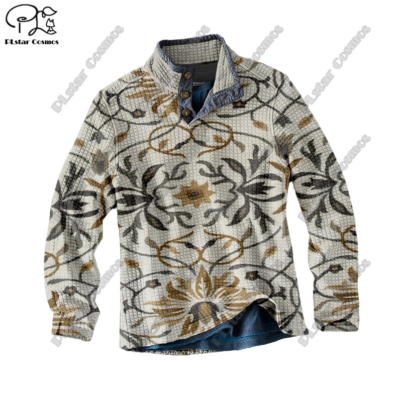 PLstar Cosmos new 3D printing tribal retro pattern series warm stand collar sweater Polo street casual unisex winter Polo L-9
