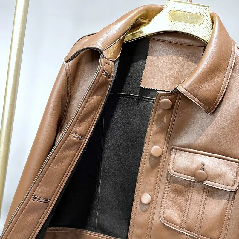 Leather Jackets Crop Biker Jackets 2022 New Autumn Women's Genuine Sheepskin Solid Single-Breasted Coats FG4032