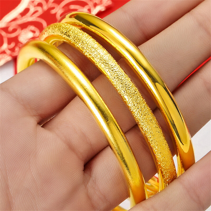 24K Gold Filled Plated Bracelet Classic Round Simple Glossy Frosted Circle Bangle For Women Wedding Jewelry Gifts Dia62cm