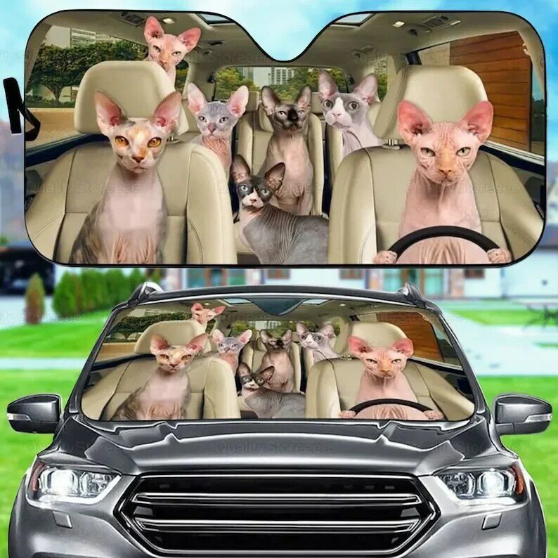Sphynx Car Sunshade, Cat Family Sunshade, Cat Car Accessories, Car Decoration, Gift Owner Cat, Windshield Sunshade LNG182202A31