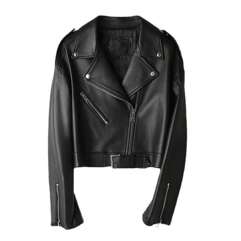 2023 Genuine Leather Jacket Spring and Autumn New Top Layer Lambskin Short Style American Street Style Black Motorcycle Leather