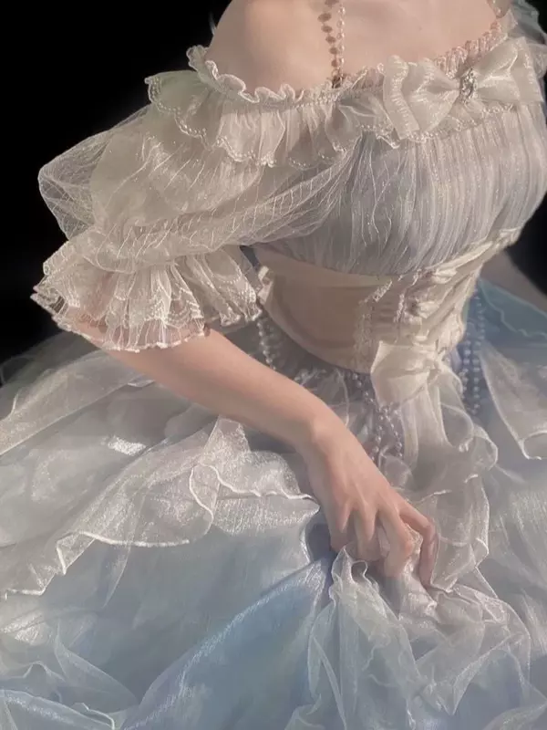 Lolita Op elegante estilo romántico francés para niña, vestido de princesa con manga abullonada, cinta con lazo, Túnica de flores, malla, Fantasía