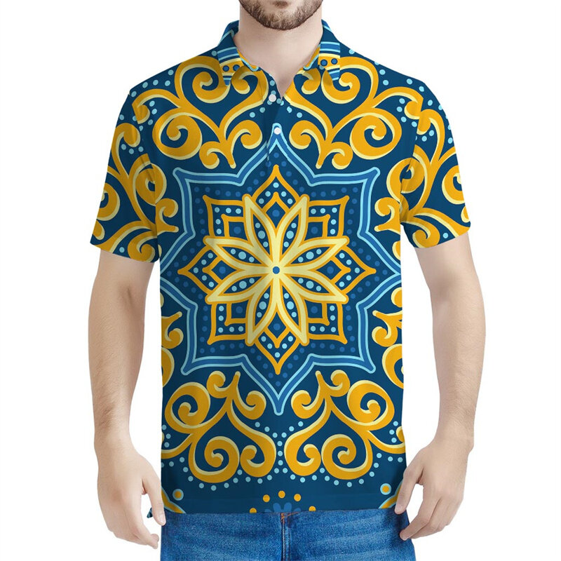 Polo vintage à motif mandala pour hommes et femmes, imprimé en 3D, t-shirt bohème à manches courtes, t-shirt décontracté d'été, t-shirts Y-adt