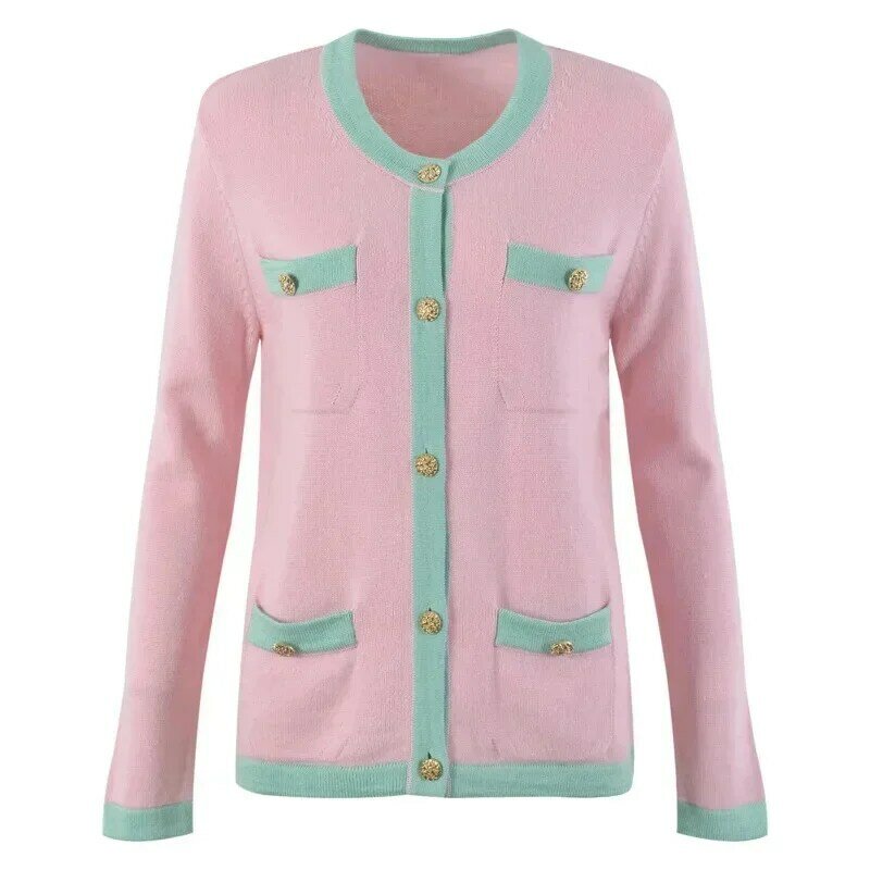 Женский дизайнерский вязаный свитер, элегантный кардиган контрастных цветов, модный вязаный жилет с подвесным воротником, весна 2024