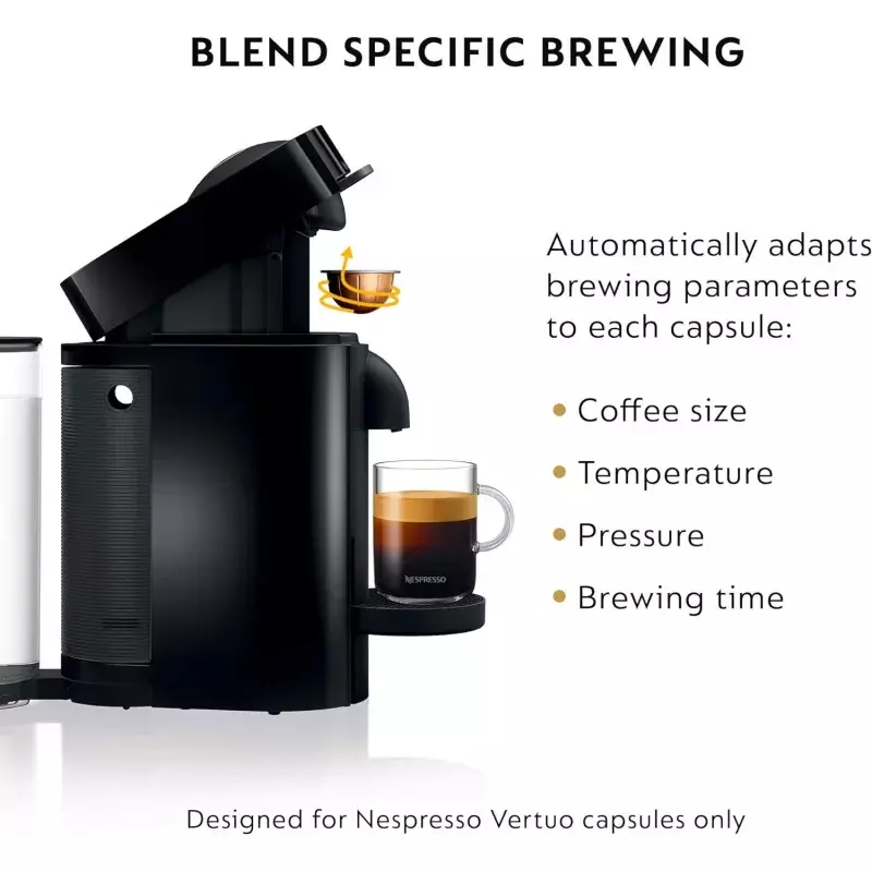 เครื่องชงกาแฟ Nespresso vertuoplus, เครื่องชงกาแฟและเอสเพรสโซโดย de'longhi กับเครื่องตีฟองนม, 14ออนซ์, หมึกดำ