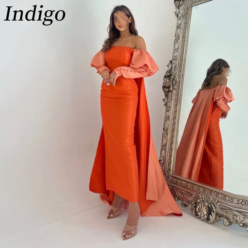 Вечерние платья цвета индиго, женское элегантное официальное платье с открытыми плечами и шлейфом, платья 2024, платья для торжества, блузки с мелкими деталями