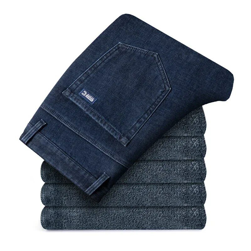 กางเกงยีนส์ผ้าฟลีซ3สีสำหรับผู้ชาย, กางเกงยีนส์ทรงหลวมลำลองแฟชั่นอบอุ่นในฤดูหนาวสไตล์คลาสสิก